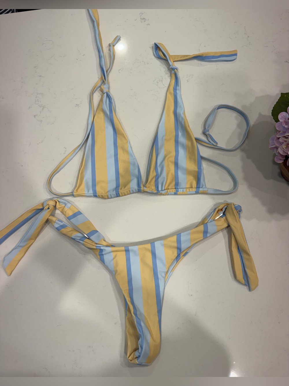 Tiger Mist Pastel Yellow & Light Blue Striped Bikini Top